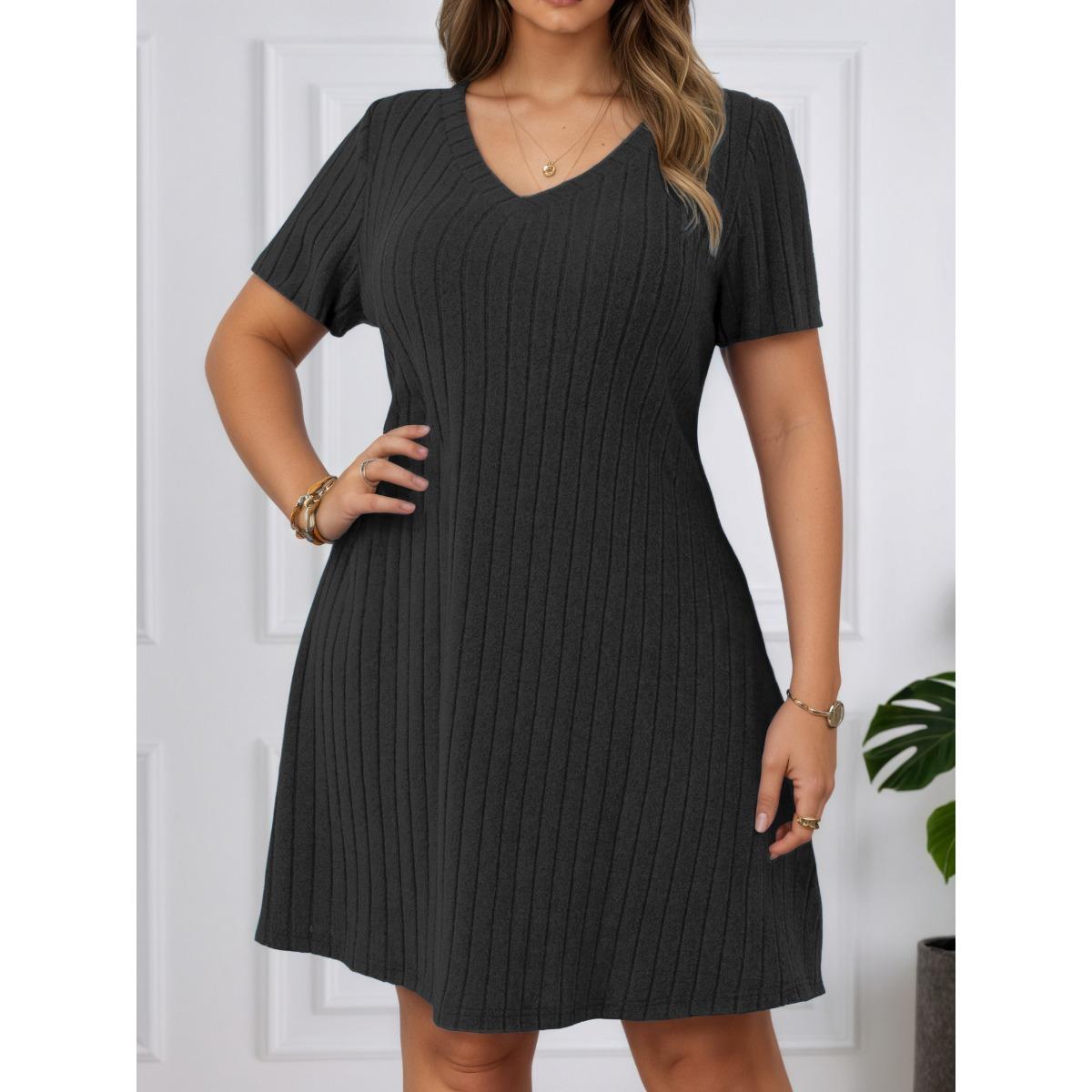 

Spring Summer New Solid Color Plus Size Women s V-Neck Ribbed Short Sleeve Pullover Dress XL чёрный