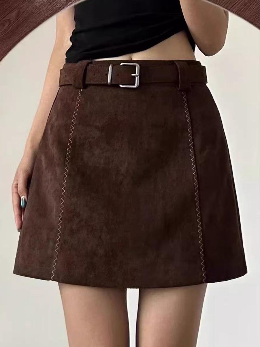 

Plus Size Suede A-line Coffee Skirt: Brown, High Waist, Bodycon, Short, Women s Autumn/Winter. S (recommended for 41-47 kg)