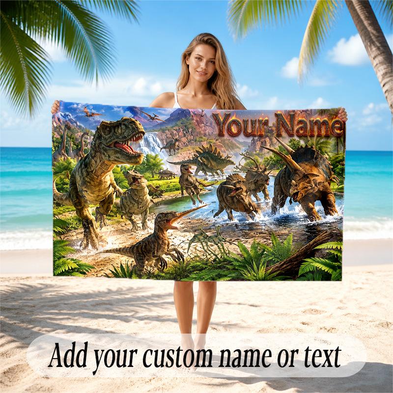 Dinosaur Theme Quick Dry Beach Towel Custom Name Text Print Large Sand Resistant Towel Beach Vacation