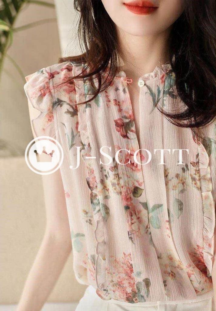 Ruffle Blouse Chiffon Front Button Slit Neck Ruffle Sleeves Sleeveless Cool Summer Adult Casual Ladies Summer Blouse Trend Sleeveless Plain Urban