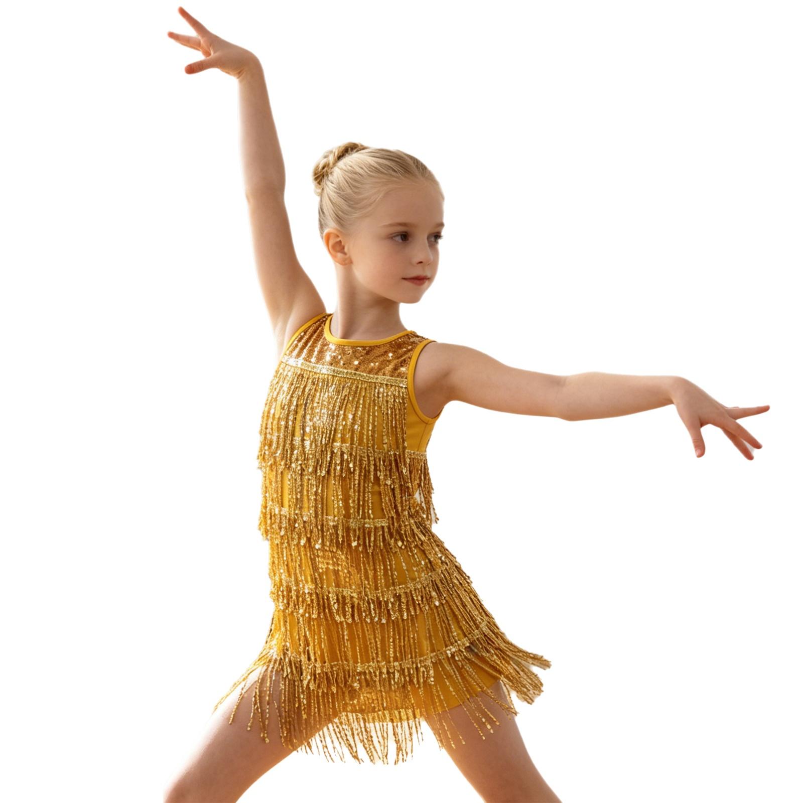 Kids Girls Latin Rumba Cha-cha Salsa Dance Sleeveless Costume Round Neck Sparkling Sequin Tassel Dress for Stage 100 золотой