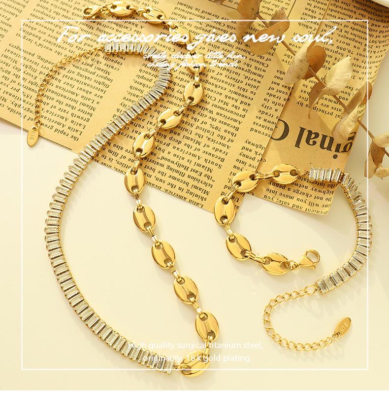 Geometric Zircon Pig Nose Spliced Bracelet & Necklace Set - European/American Nude Chain, Non-Fading P196-E009