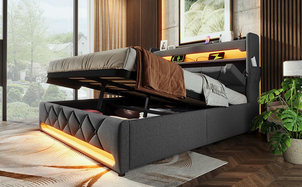 Upholstered Bed 140*190, Storage Headboard, USB Type C Port, 360 Surround LED Around Head and Foot End, Hydraulic Storage, Grey, Linen(No Mattress)