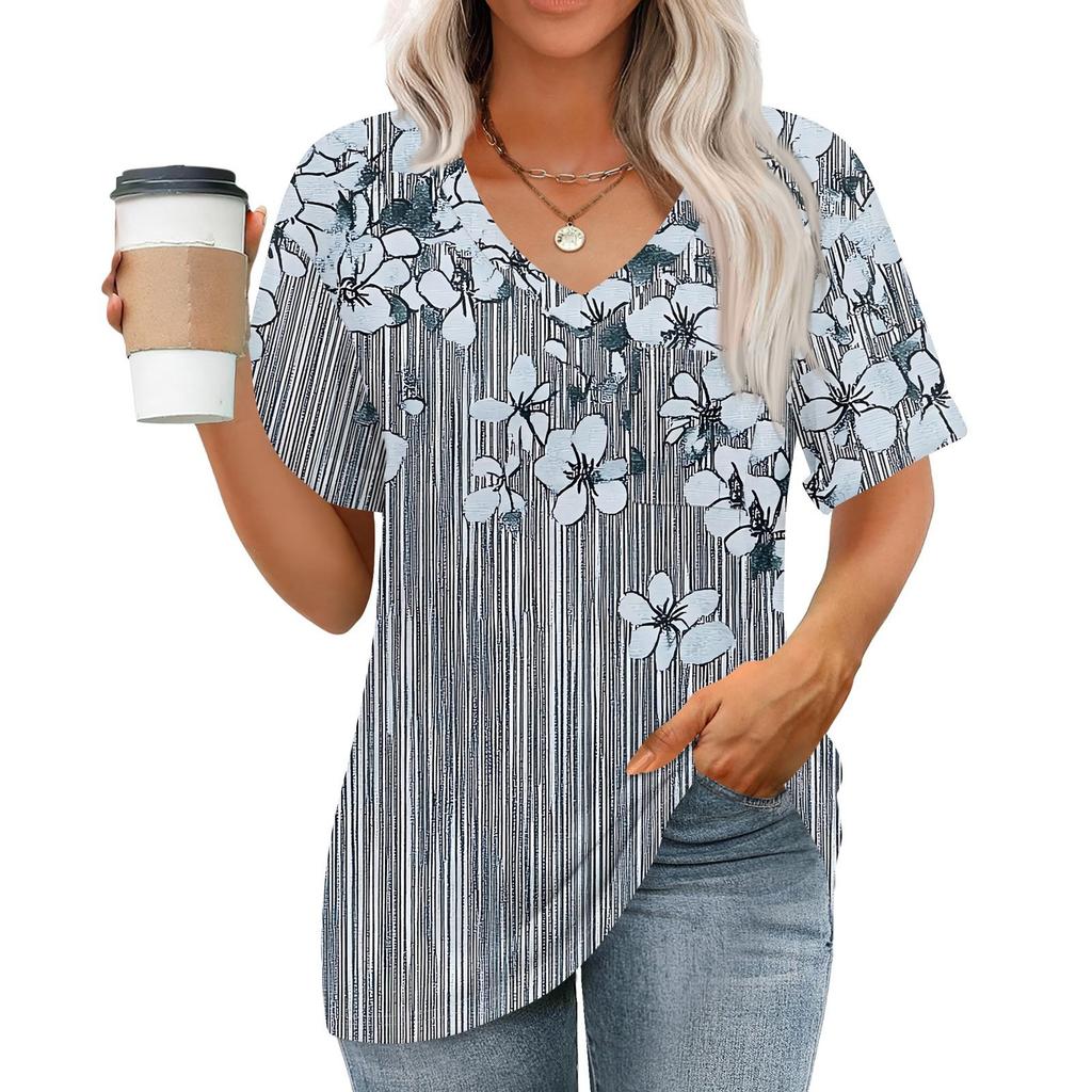 Womens Tops V-neck Short Sleeve Blouses Casual Fashion Print Tunic Tops With Pockets