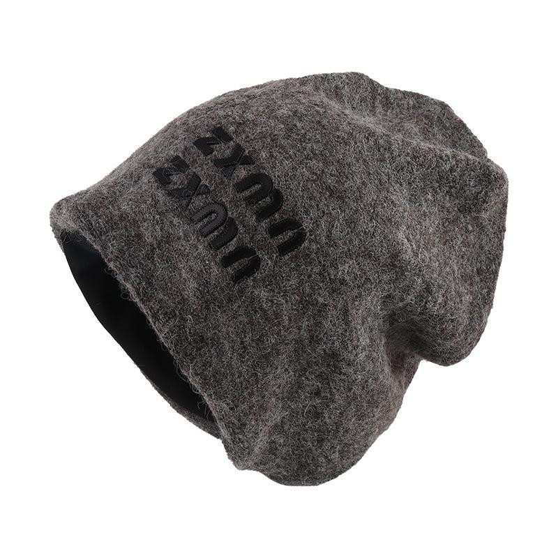 Wool knitted gray cold hat women's autumn and winter warm ear protection face small pile hat big head circumference bag head hat