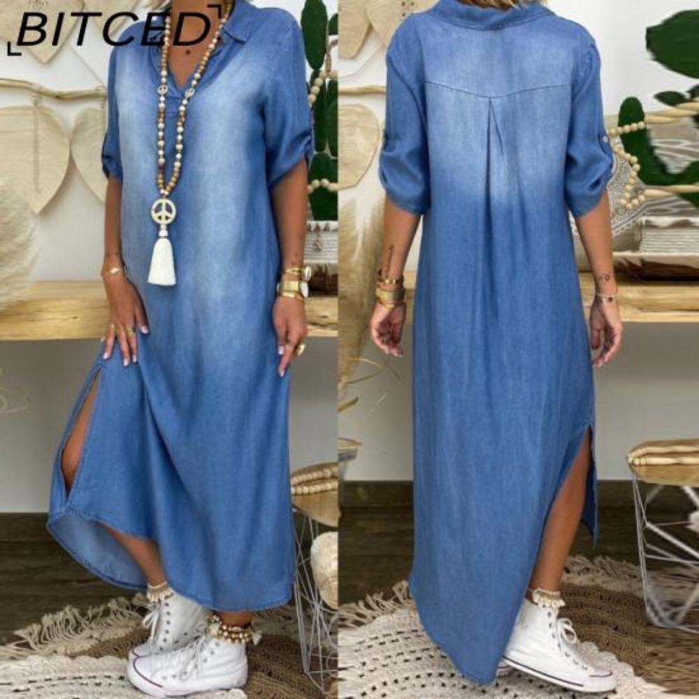 BITCED Summer Denim Dress For Women Casual Spring Blue Maxi Dresses V Neck Half Sleeve Plus Size Long Dresses With Slit