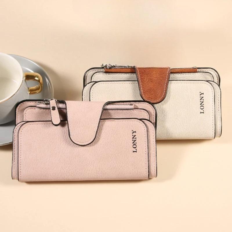 Women Long Wallet Money Clip PU Leather 3 Fold Women's Wallets Clutch Color Blocking Retro Coin Purse Card Holder