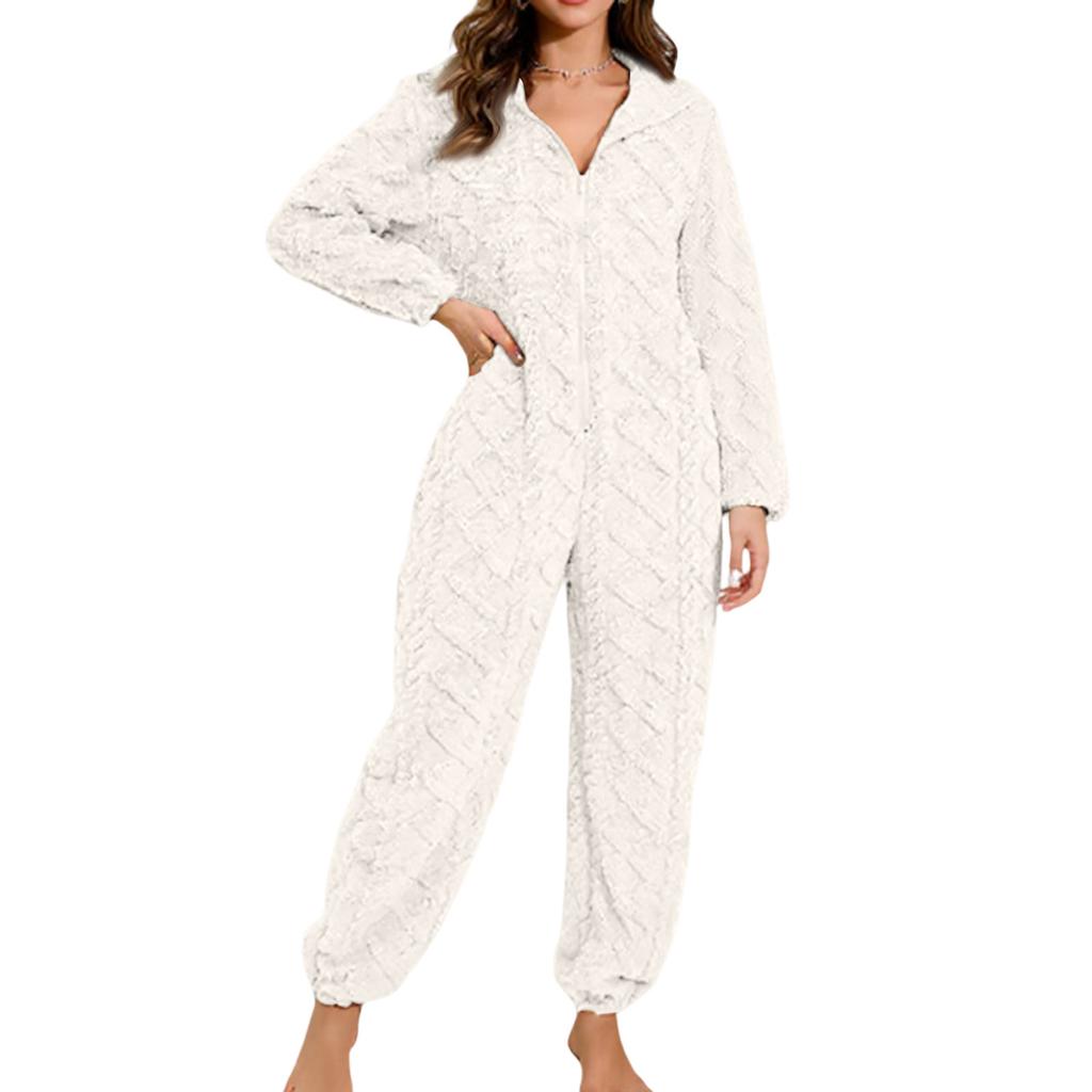 Women's Fashion Solid-Color Plush Loungewear Casual Zipper Hooded Long-Sleeve Jumpsuit Pajamas