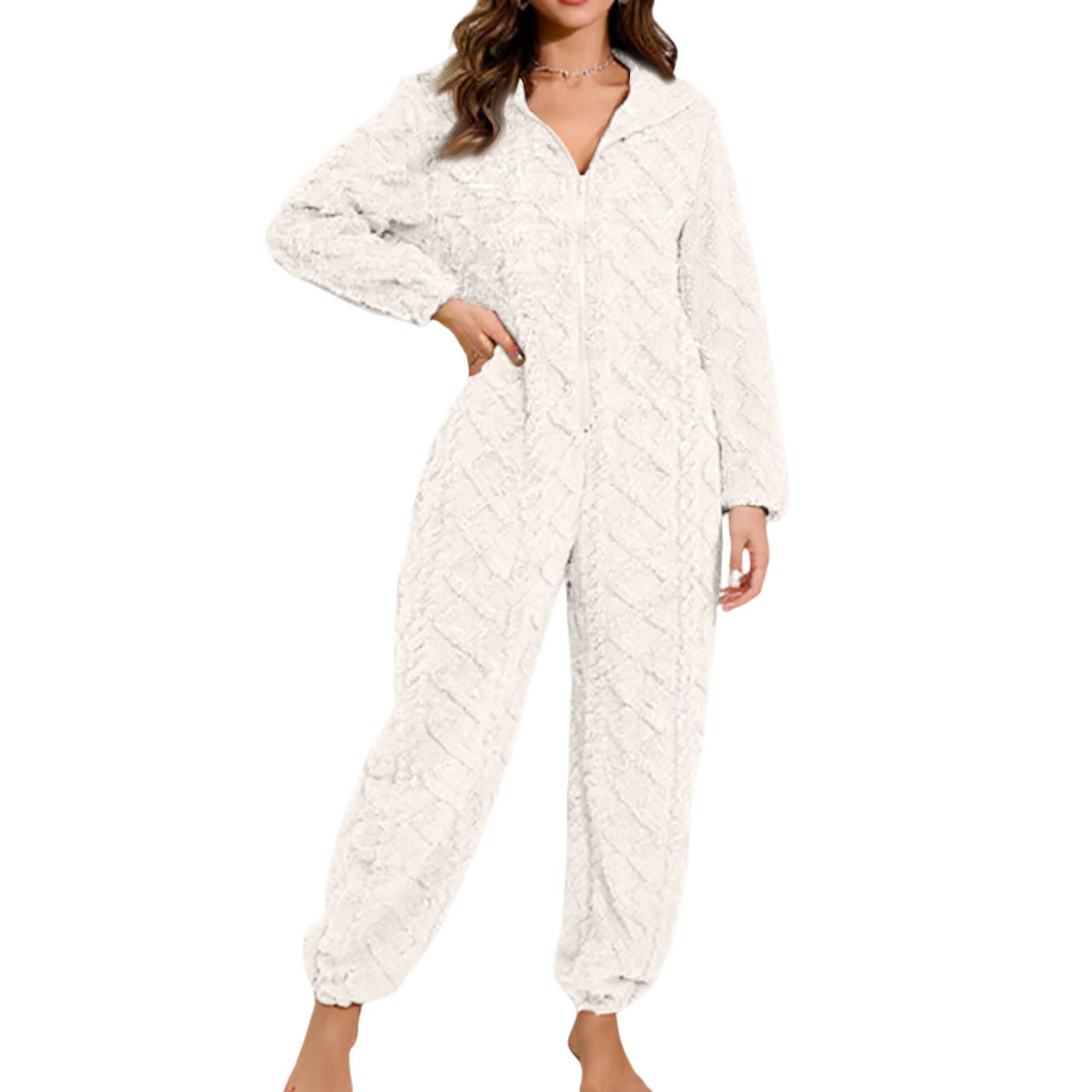 

Женская мода Однотонная плюшевая домашняя одежда Повседневный комбинезон с капюшоном на молнии и длинными рукавами Пижама XL белый