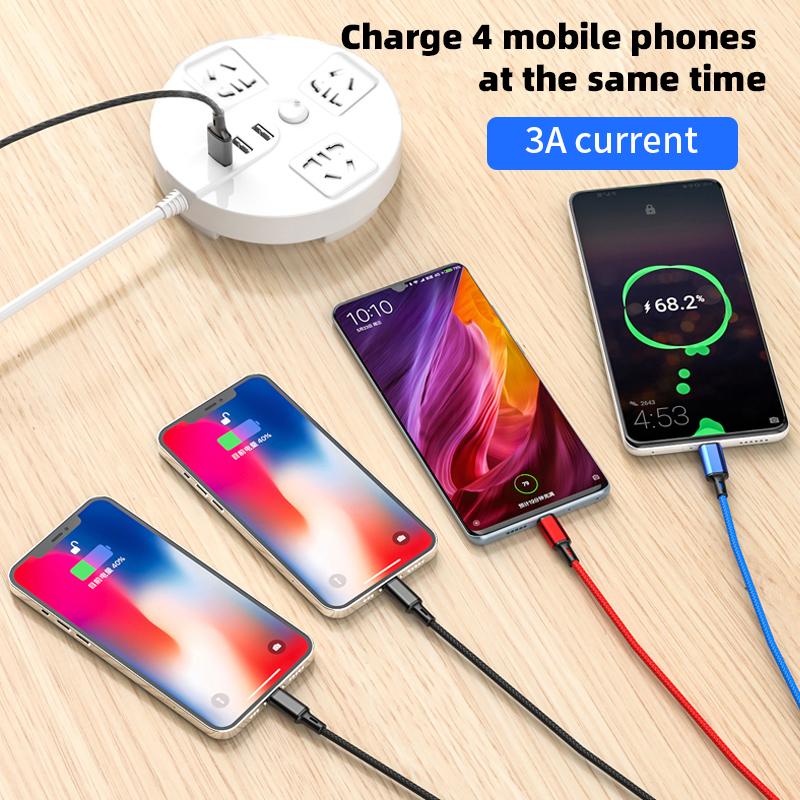 4-in-1-USB-Kabel für iPhone 3-in-1-USB-A auf Micro-USB/Typ C/8-Pin-Ladekabel 3A-Schnellladekabel für Samsung Xiaomi