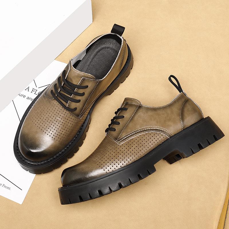 Men's shoes summer low top big head casual workwear shoes trendy British style thick soled hollow thin breathable shoes