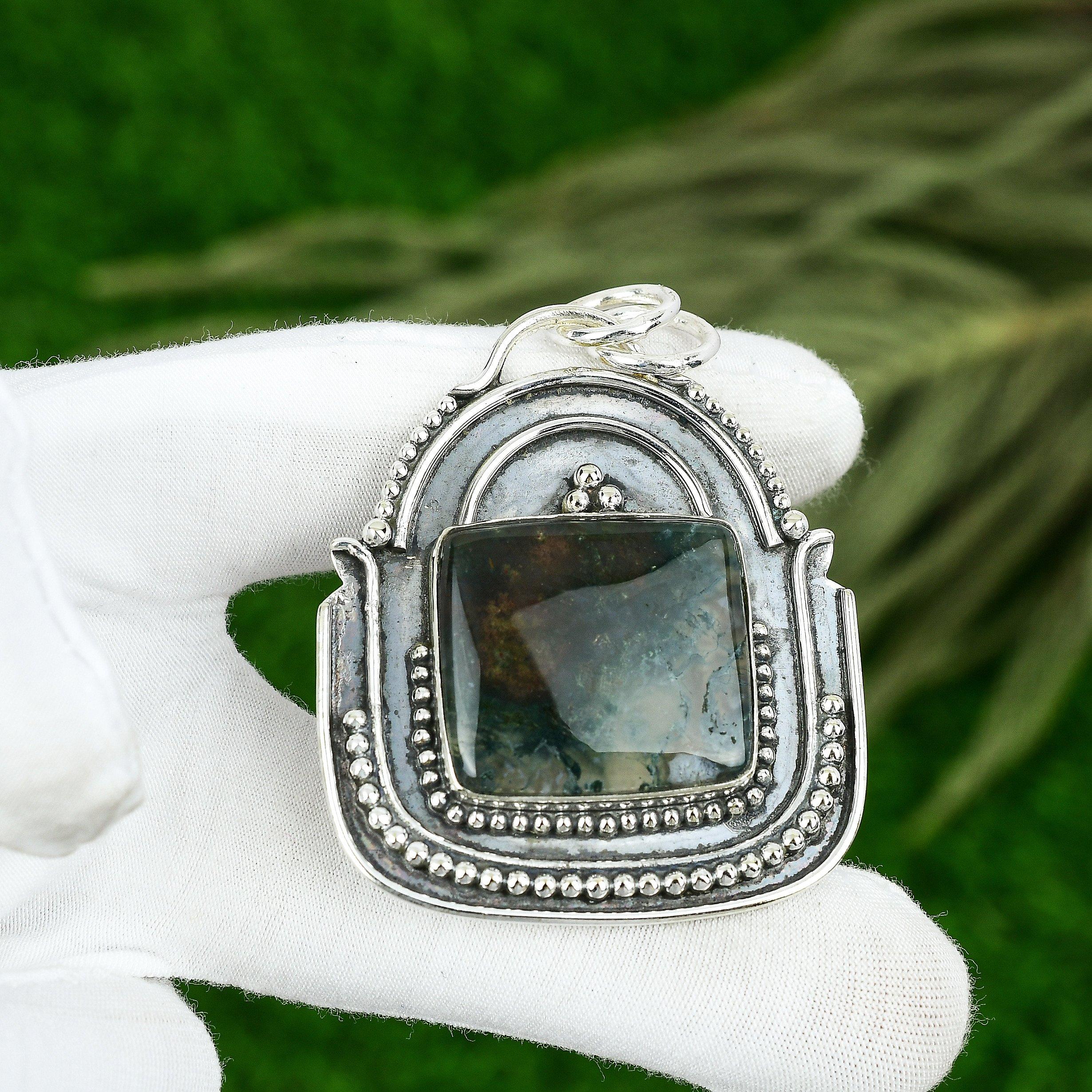 

Пропозиція до Дня дружби Срібло 925 проби Квадратний Камінь Сонячний Моховий Агат Нова Підвіска Ювелірні Вироби