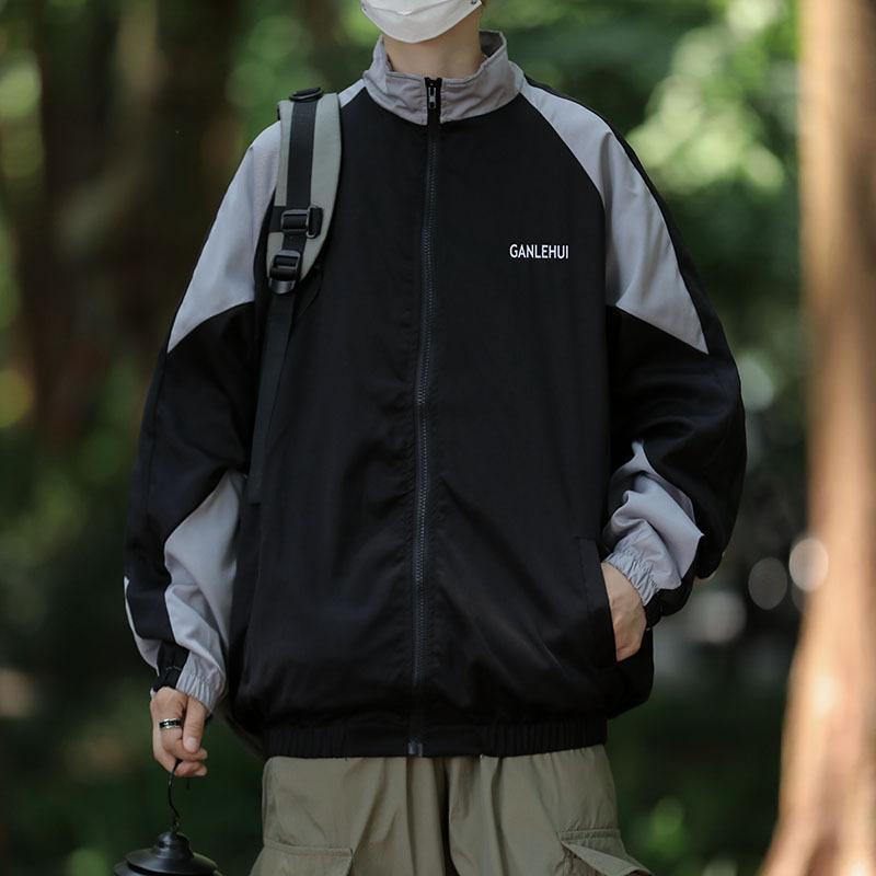 Color matching jacket men's spring Hong Kong style ins trendy brand loose casual Japanese stand-up collar sports trench coat jacket