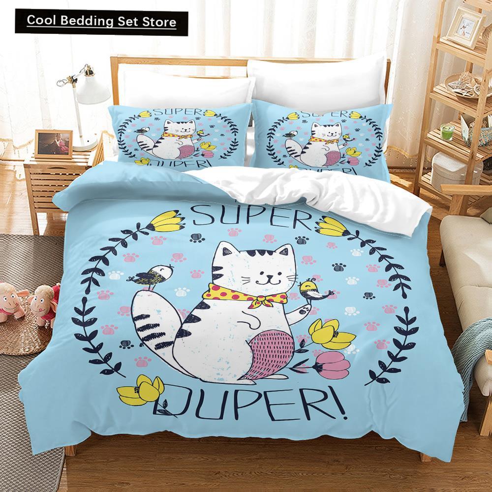 Cartoon Cat King Full Queen Duvet Cover Lovely Pet Kitty Bedding Set Animal Quilt Cover 2/3pcs Purple Polyester Comforter Cover