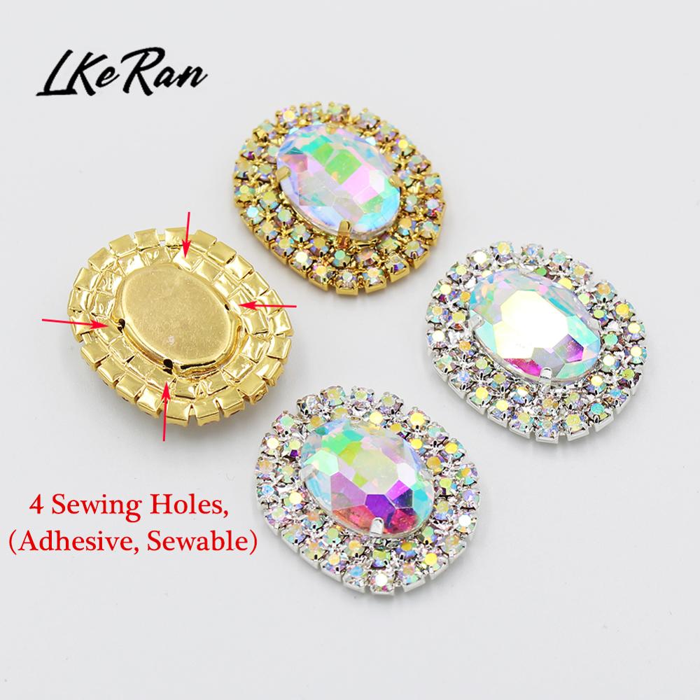 New 24*30mm Oval Flat BottomCrystal AB Sewing Rhinestones Buttons Gold Metal Applique DIY Wedding Decoration For 10Pcs/lot