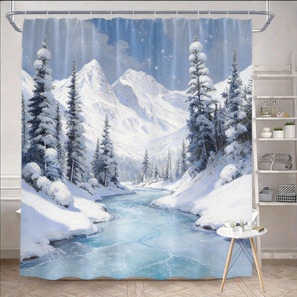 Nature Shower Curtain 180x180cm – Serene Mountain Landscape with River & Pines, Scenic Bathroom Decor, 12 Hooks