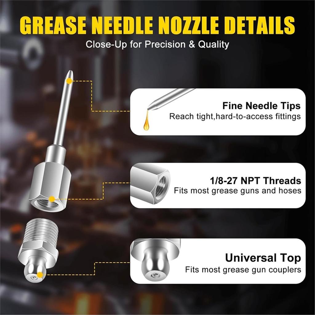 BHBL 9PCS Grease Accessory Kit, Grease Needle Tip & Grease Needle Nozzle Bent & Straight Nozzles, Nipple and Elbow Adapter