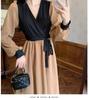 2026 Autumn Korean Style Elegant Waist-cinching Slim Fit French Retro Patchwork Midi Dress