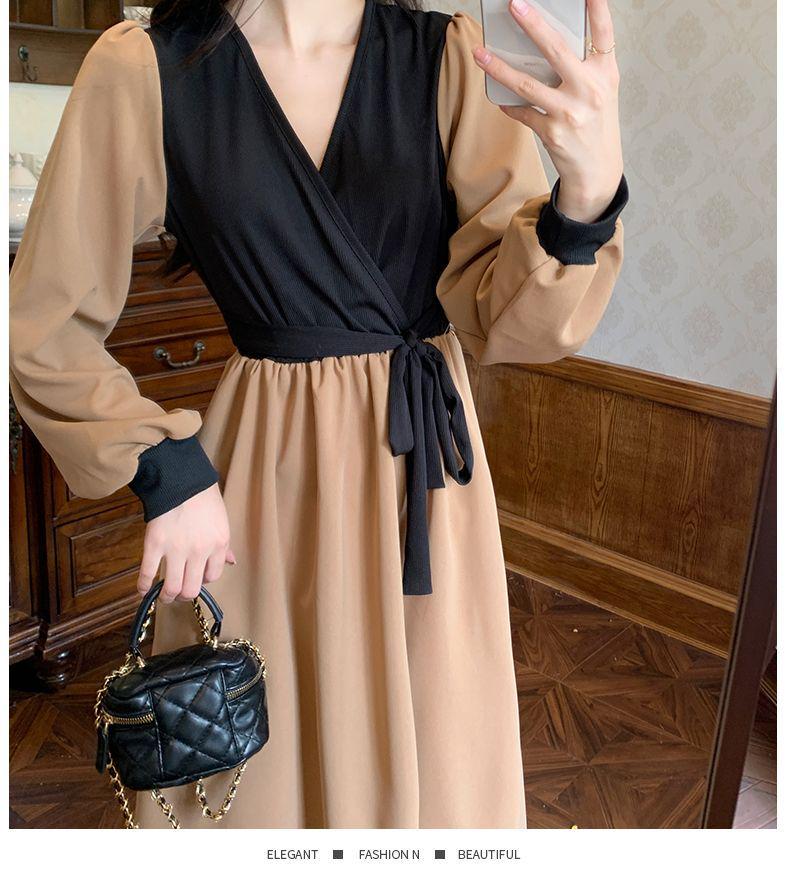 2026 Autumn Korean Style Elegant Waist-cinching Slim Fit French Retro Patchwork Midi Dress