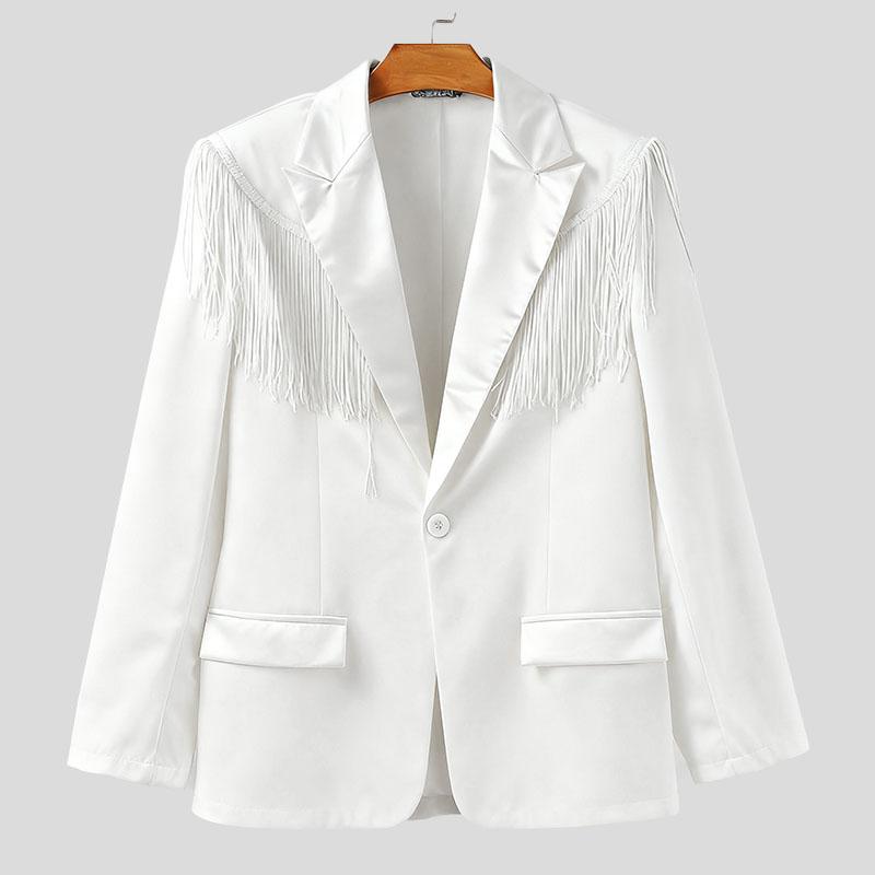 

INCERUN Men Long Sleeve Glitter Tassel Patchwork Blazer Casual Loose Coats 5XL білий