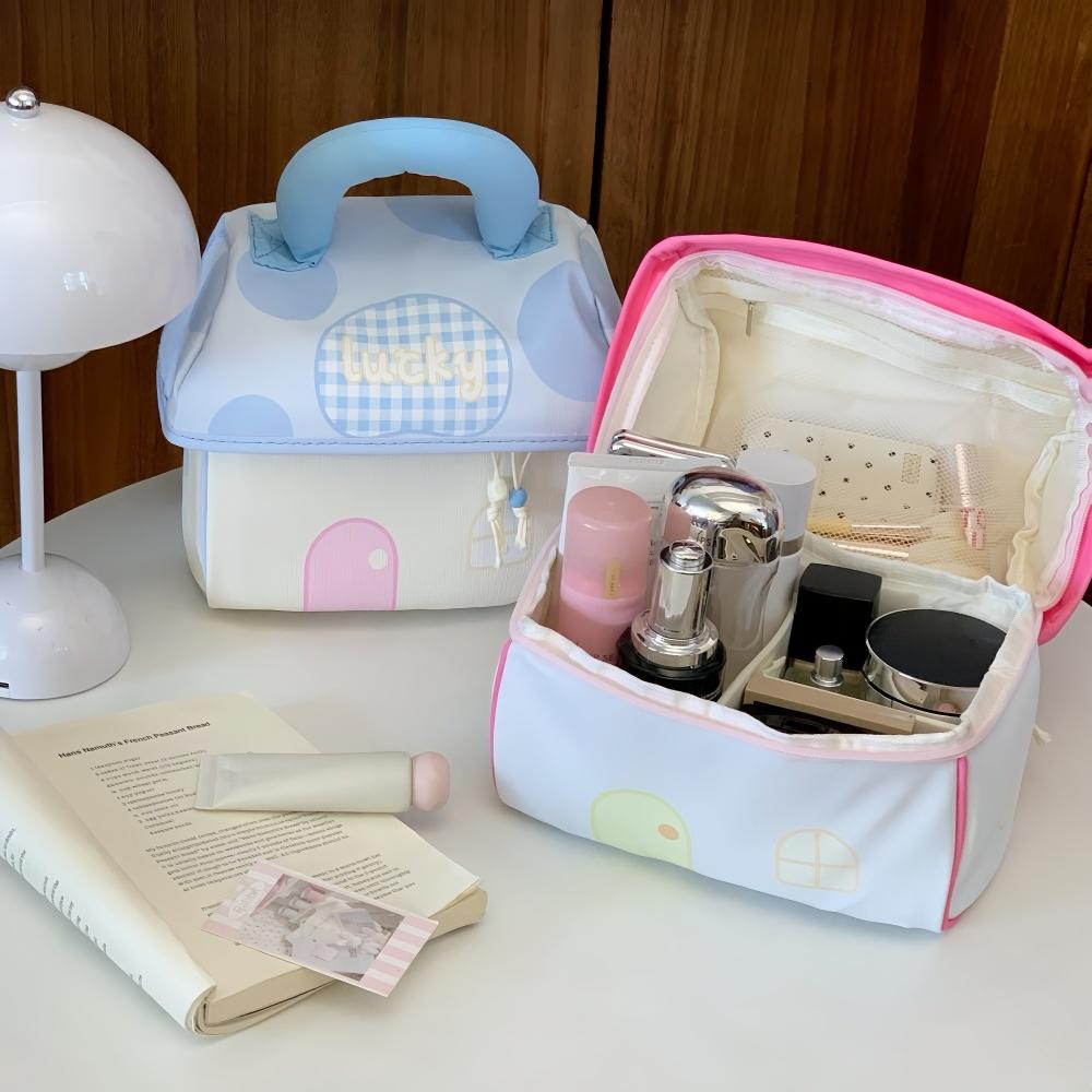 Portable Cosmetic Bag Makeup Storage Bag Organizer with Handle, Pink Blue Polka Dot Design