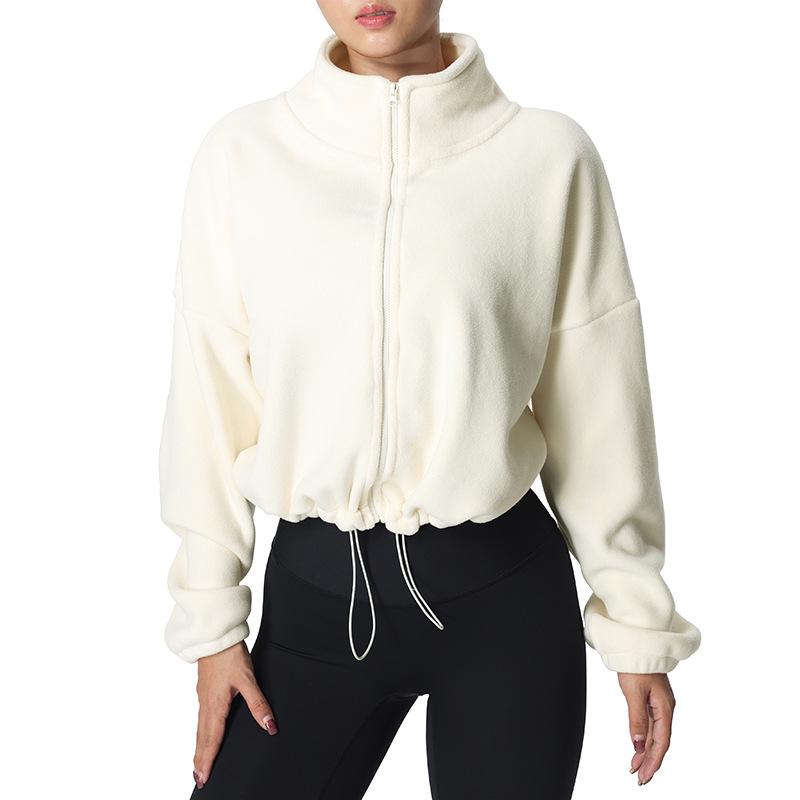 

Европейская и американская женская спортивная куртка: Флисовый воротник-стойка, длинный рукав, свободный повседневный крой для тренировок и йоги Medium бежевый