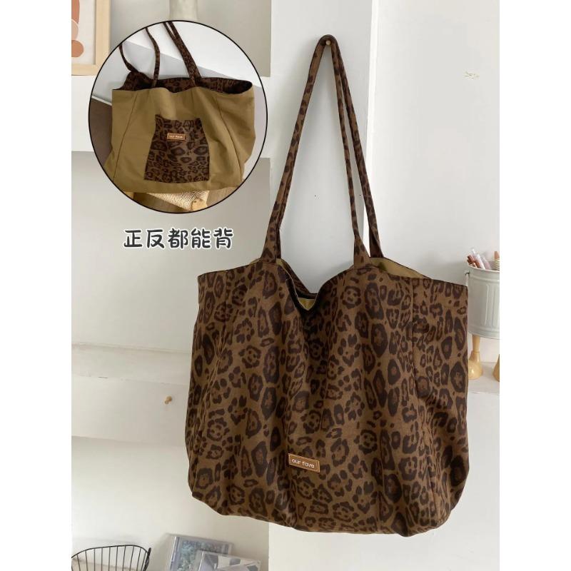 Leopard Print Suede Double-sided Shoulder Bags for Women Versatile Large Capacity Ladeis Tote Autumn Vintage Female Handbags