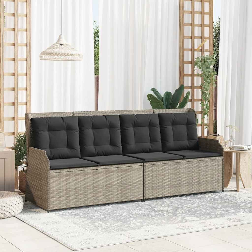 Vidaxl Folding Garden Bench With Cushions, Light Grey, Poly Rattan