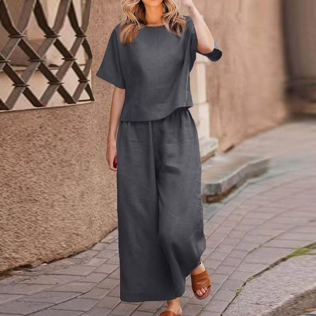 2026 New Loose Solid Color Short-sleeved Wide-leg Pants Set Women's Summer Casual Fashion Two-piece Set Cross-border Belly Cover