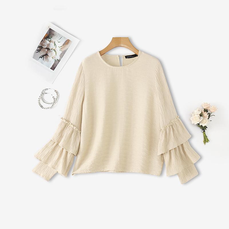 ZANZEA Women Casual Round Neck Ruffles Long Sleeve Loose Blouse