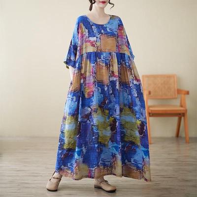 Kurzarm Plus Size Vintage Blumenmuster Neue Kleider für Damen Lässiges lockeres Maxi-Sommerkleid