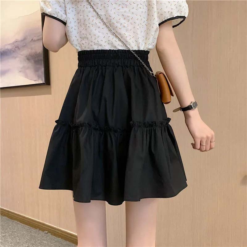 White Skirt Woman Elastic Waist Agaric Edge Solid Color A-line Skirt Sweet Lovely Preppy Style Spring and Summer
