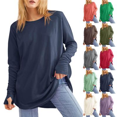Women's Solid Round Neck Loose Long Sleeve Medium Length Leaky Thumb T-shirt Top