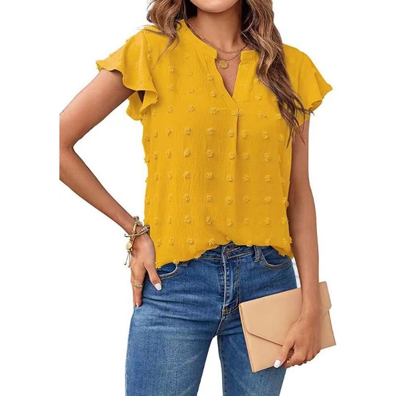Summer V-neck Floral-sleeved Chiffon Shirt Short-sleeved Women’s T-shirts