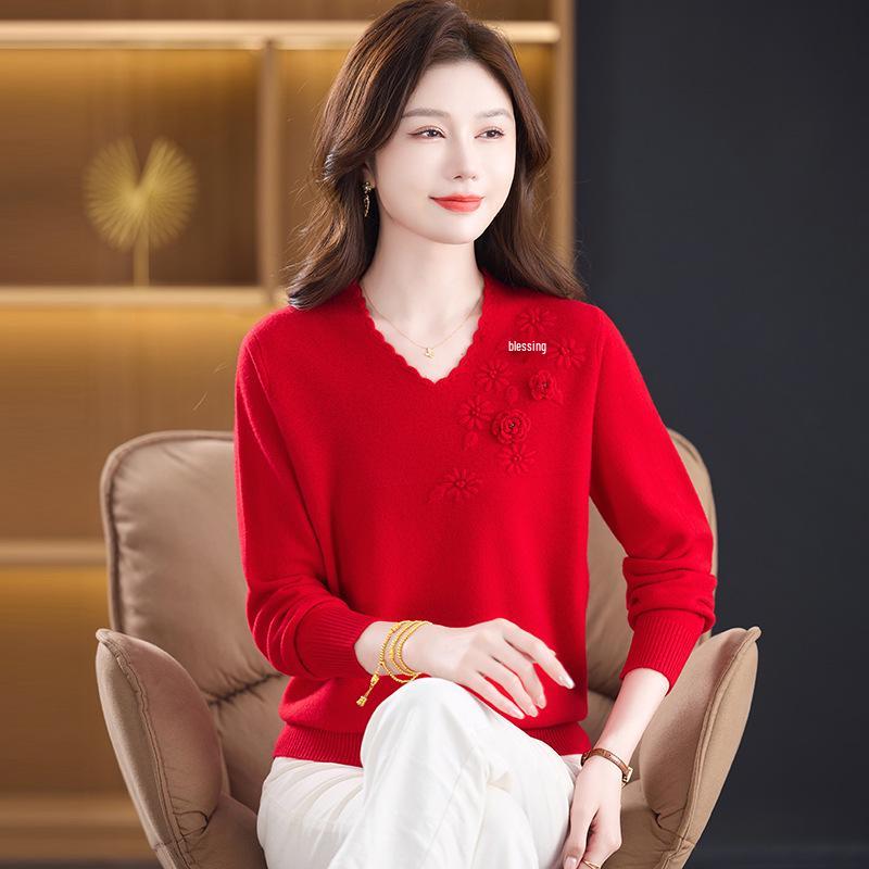 Women's V-neck Pure Wool Autumn/Winter Red Sweater 2025 - Loose Knit Base Layer Top