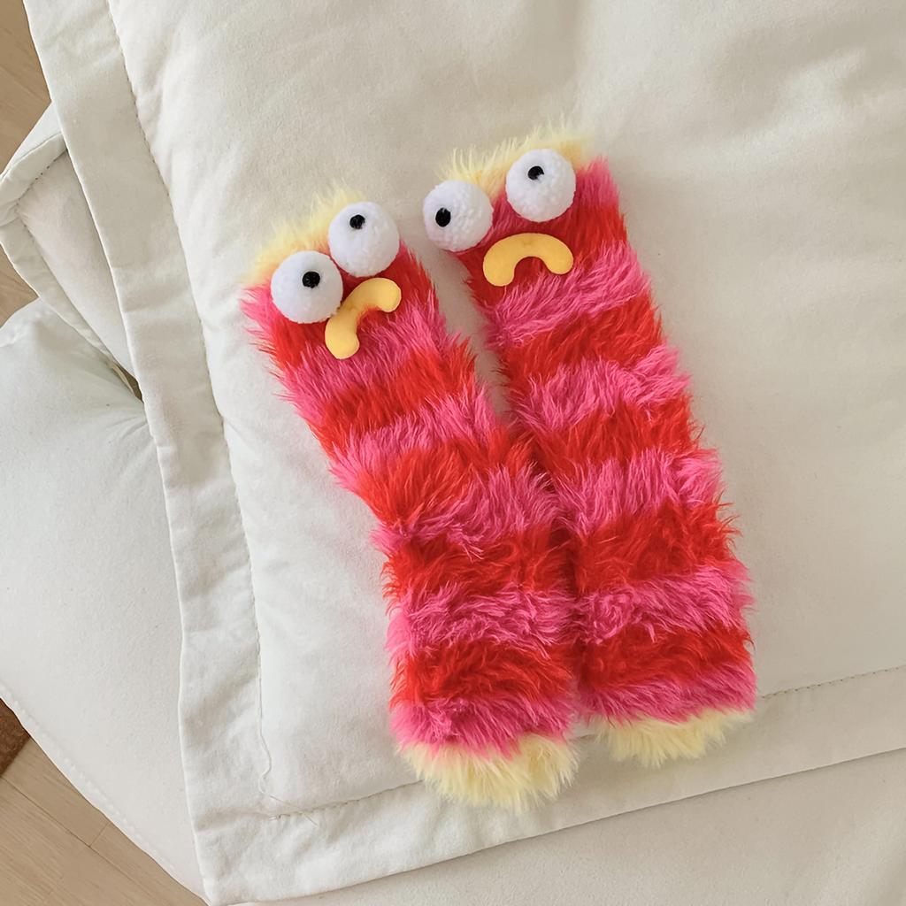 1 paar Frauen Winter Socken Cartoon Dekor Dicken Plüsch Elastische Anti-rutsch Gemütliche Fuzzy Verdickte Mid-rohr Boden socken Schlafen Socken