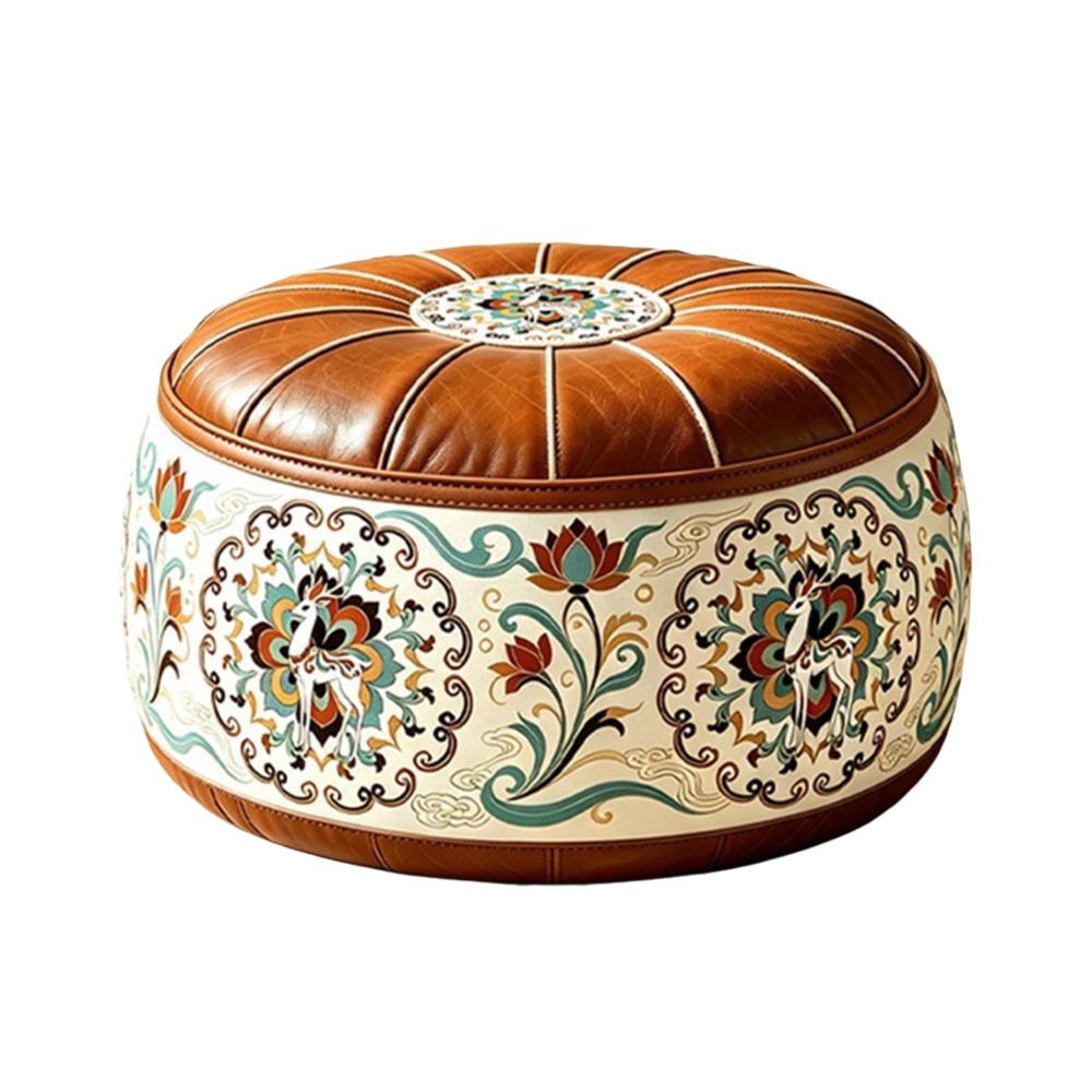 Boho Pattern Ottoman Pouf Fillable Design Large Opening Storage Ottoman PU Leather Water Resistant Footstool Cover Living Room