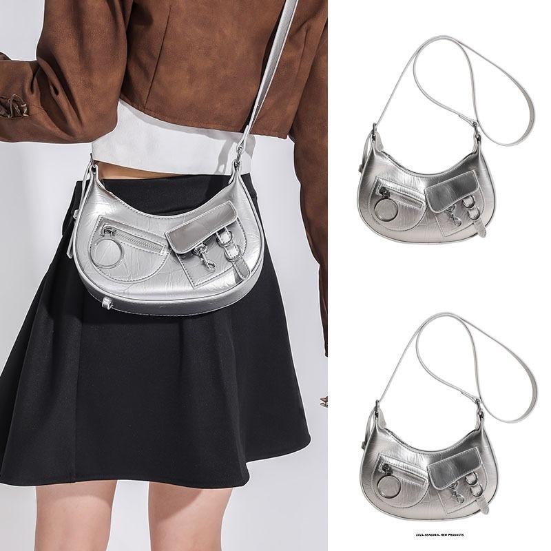 Handtasche im koreanischen Stil, Mode, neuer Trend, cool, Reißverschluss, schwarz, silber, Achseltaschen, einfarbig, Umhängetasche, vielseitige Schultertaschen
