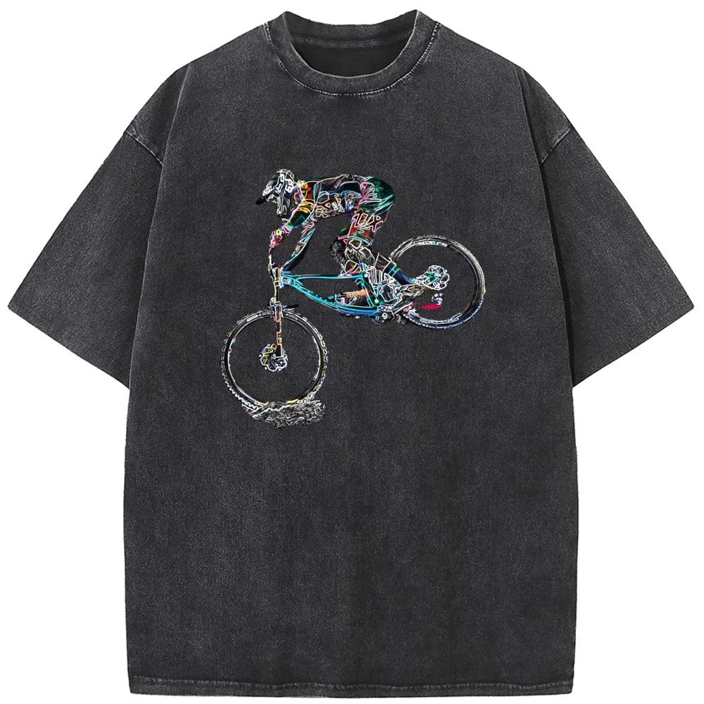 Colorful Mountain Bike Print Short-Sleeved Shirt Cotton O-Neck Washed T-Shirt Novelty Casual Loose Bleach T Shirt