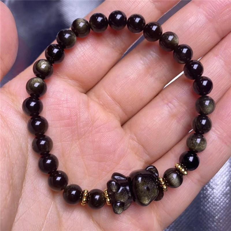 Natural gold and silver shining stone bear bracelet, obsidian girlfriend personalized bracelet, men s and women s fashion 6mm round beads
