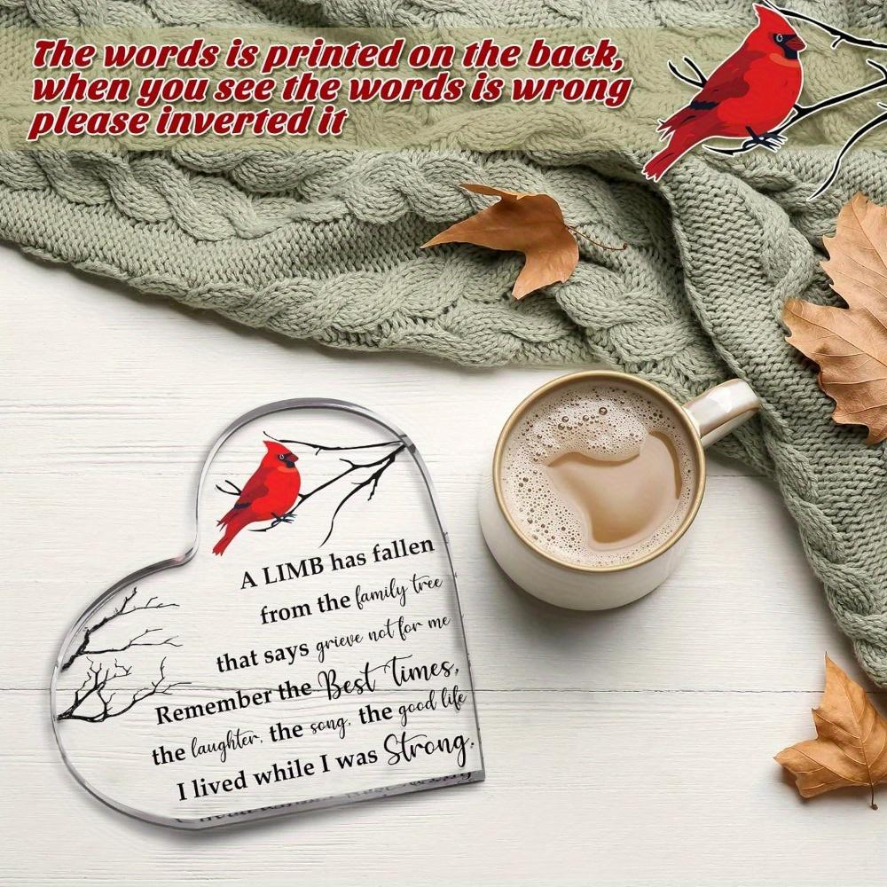 Red Cardinal Memorial Heart. Acrylic Condolence Gift & Table Centerpiece for Loss of a Loved One.
