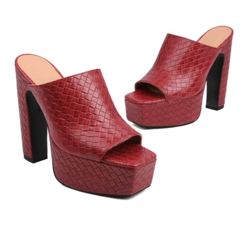 Fashion New Popular Sexy High Heels Women Slippers Platform Summer Slides Mules Shoes Leather Black White Red Sandals Large Size 35-43