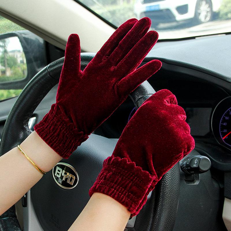 Women's Gold Velvet Etiquette Gloves - Knitted Warm Five-Finger Design for Autumn and Winter
