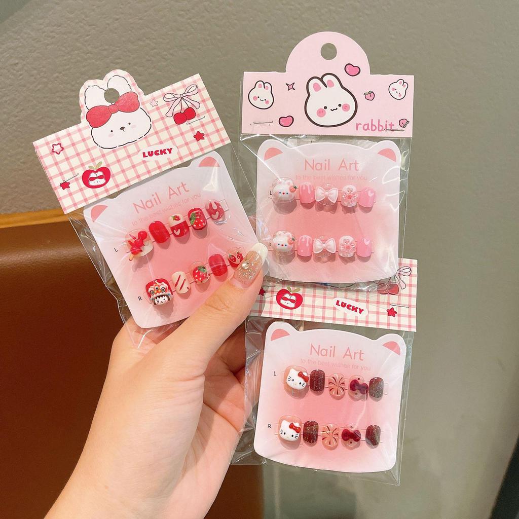 Cartoon-Fingernagelspitzen für Mädchen - Neujahrsstil Gelee-Kleber, Abnehmbare Nail-Art-Sticker, Perfektes Geschenk für kleine Mädchen