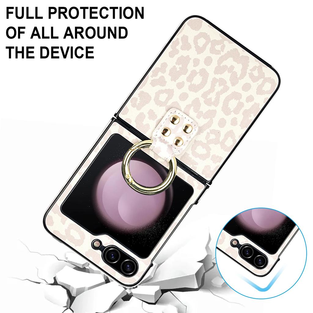 Ring Holder Matte Leather Case For Samsung Galaxy Z Flip 6 5 4 3 Flip5 Flip4 5G Leopard Pattern Ultra Thin Skin Feeling Cover