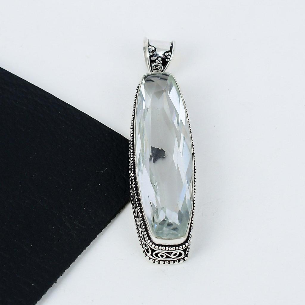 Weißtopas Langer Edelstein Silberanhänger in 925 Sterlingsilber - Handgefertigtes Design, Alltagsschmuck, Einzigartiger Weißtopas-Anhänger Geburtstagsgeschenke