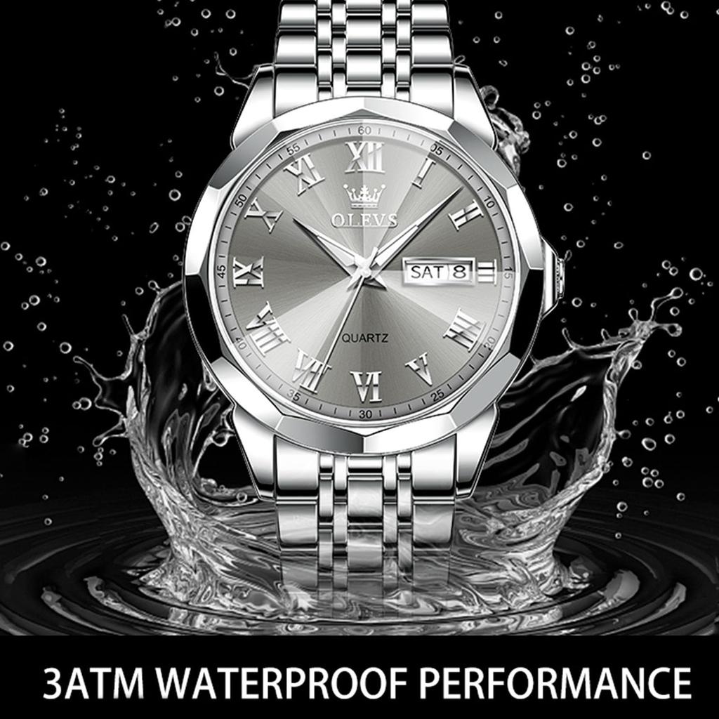 OLEVS Business Analog Silber Grau Beliebte Zeigeruhr für Edelstahl Cool Silber Herren Leicht ablesbare Zeiger Lässige Herrenuhr, Wasserdicht, Leuchtend,