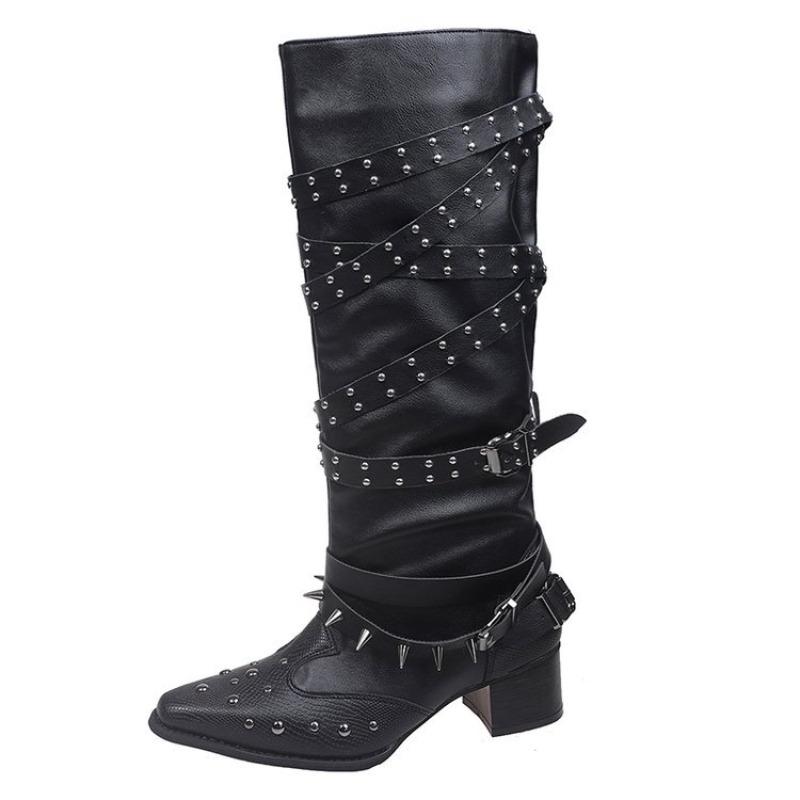 Riveted Shoes, Pointed-toe Knight Boots, Knee-length Long Boots, New Thick-heeled Cowboy Boots