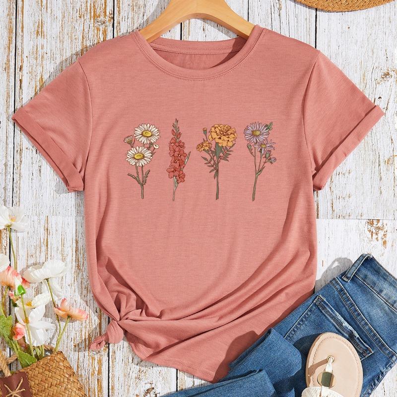 Women's Flower Plant Print Loose Imitation Cotton Large Size Round Neck Short Sleeved T-shirt for Women