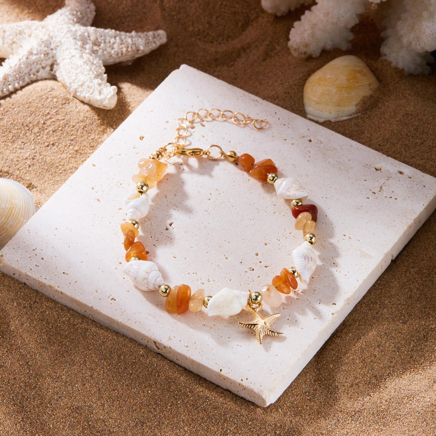 

European, American Bohemian Holiday Necklace Bracelet Set Female Ins Summer Dopamine Gravel Starfish Conch Necklace